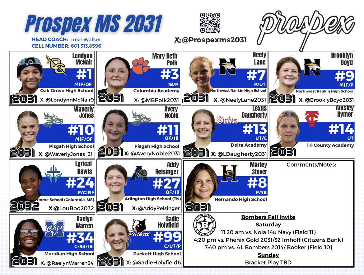 Prospexms2031's tweet photo. 🥎🔥 OXFORD, MS BOUND! 🔥🥎

🔵⚫ Prospex MS 2031 heads to the Bombers Fall Southeast Invitational!

📅 Oct 24–25 | Oxford, MS

🥎 Saturday Pool Play:
⏰ 11:20 vs NOLA Fastpitch
⏰ 4:20 vs Phenix Gold
⏰ 7:40 vs Alabama Bombers

🥎 Sunday Bracket Play!

#ProspexVsEverybody https://t.co/isv9LpLeDD