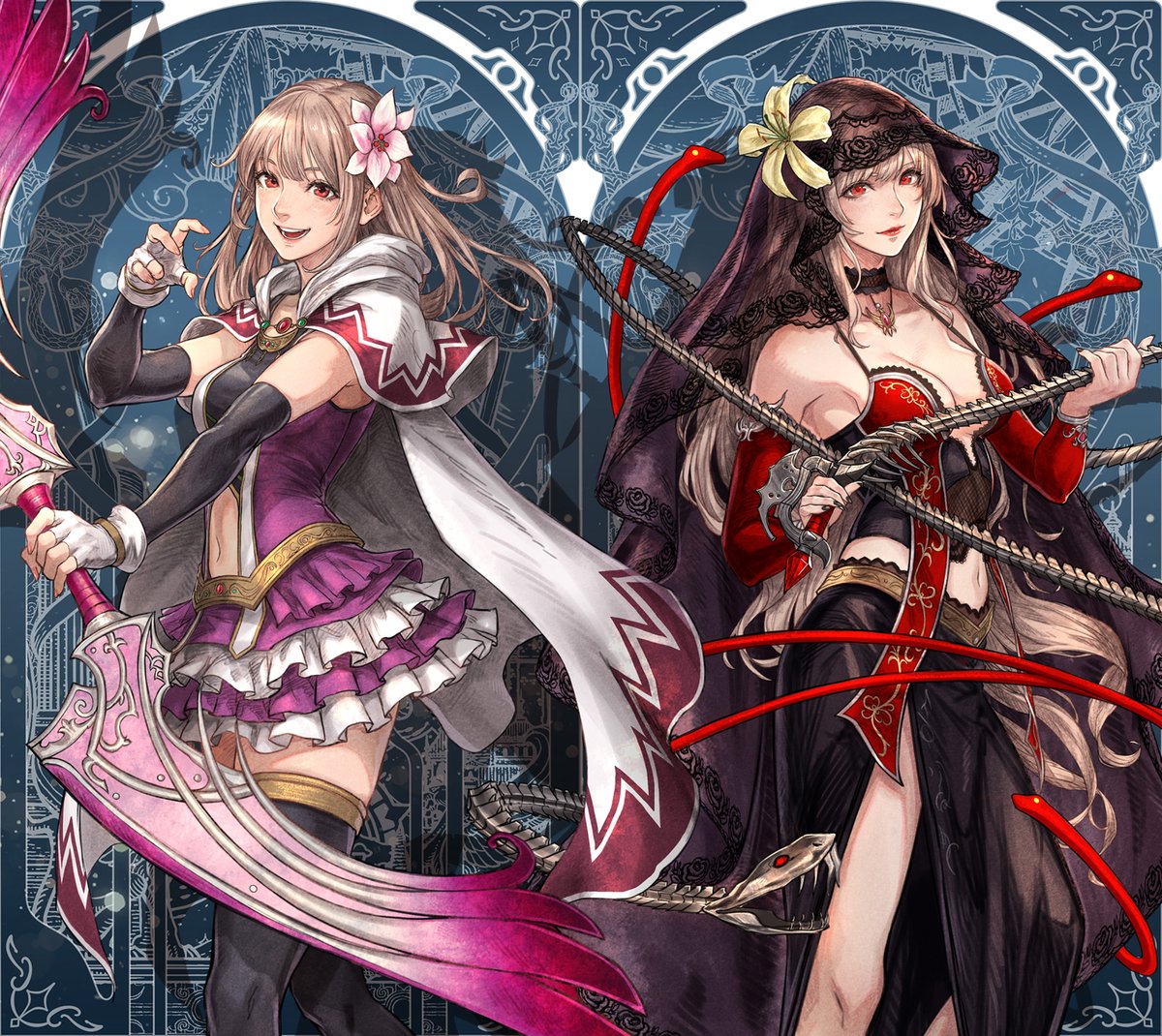 FinalFantasy's tweet photo. 2 days until Final Fantasy Resonance releases 

Meet Fina, a mysterious girl who appears from the Earth Crystal, and the Archwitch, a mysterious woman who primarily wields offensive magic. They look strangely alike, and both hold the key to the story...

Art by the designer, Kodai Okamoto