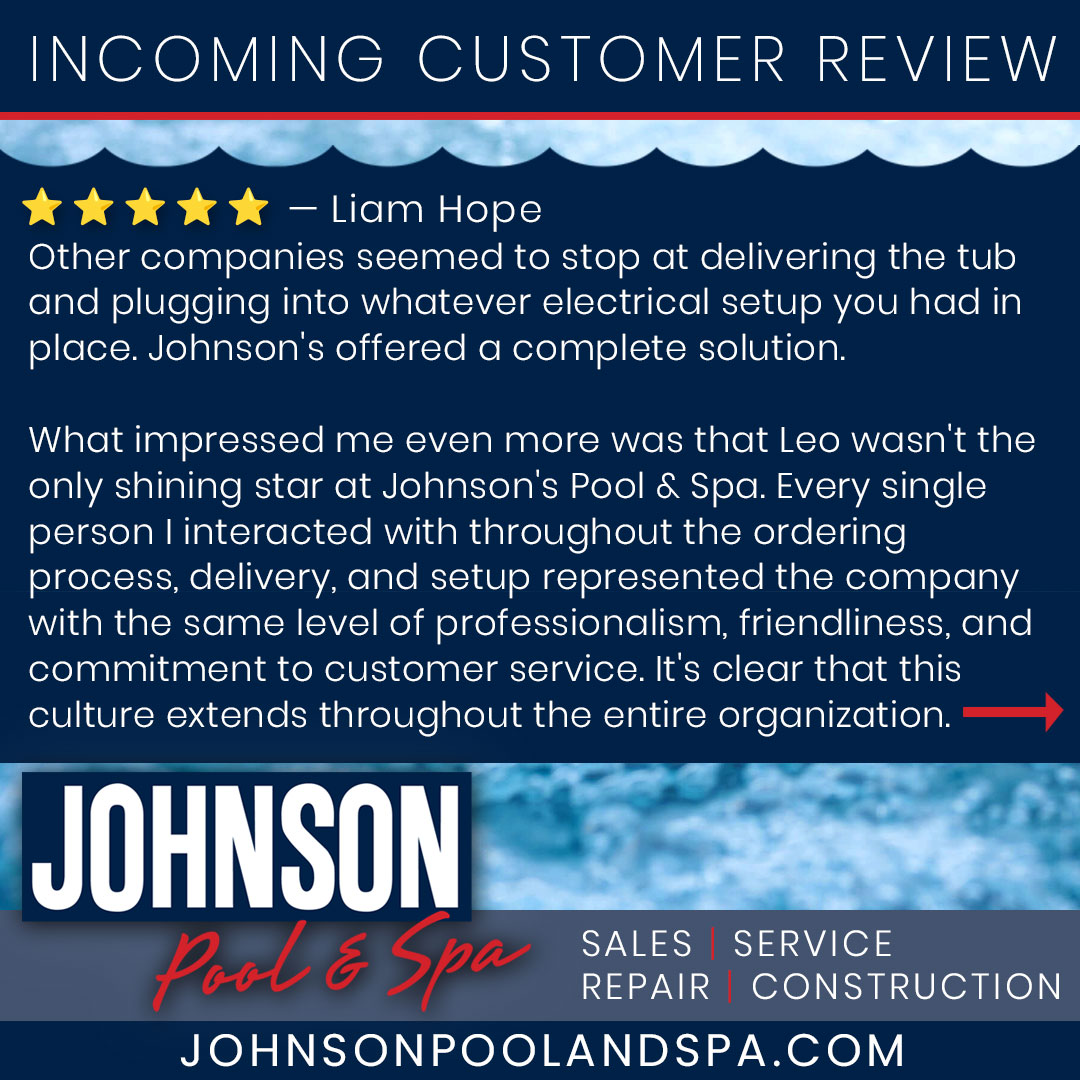 Johnsonpool's tweet photo. 🌟 Customer Testimonial Spotlight 🌟

We really appreciate you taking the time to share your experience, Liam! We're so glad you we were able to help you find the right Jacuzzi® hot tub for your family, and to have the opportunity to work with you every step of the way. https://t.co/9cUDZQVfEh