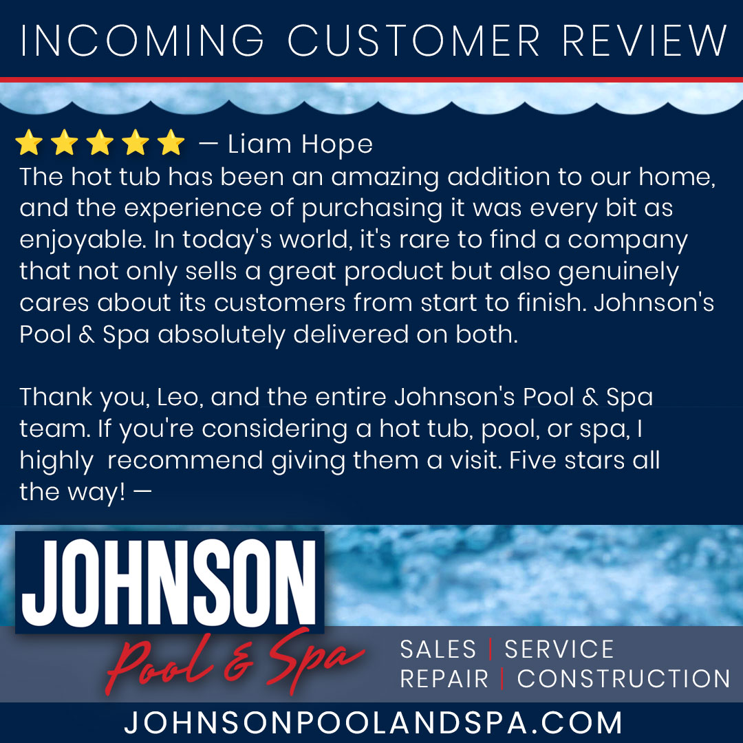 Johnsonpool's tweet photo. 🌟 Customer Testimonial Spotlight 🌟

We really appreciate you taking the time to share your experience, Liam! We're so glad you we were able to help you find the right Jacuzzi® hot tub for your family, and to have the opportunity to work with you every step of the way. https://t.co/9cUDZQVfEh