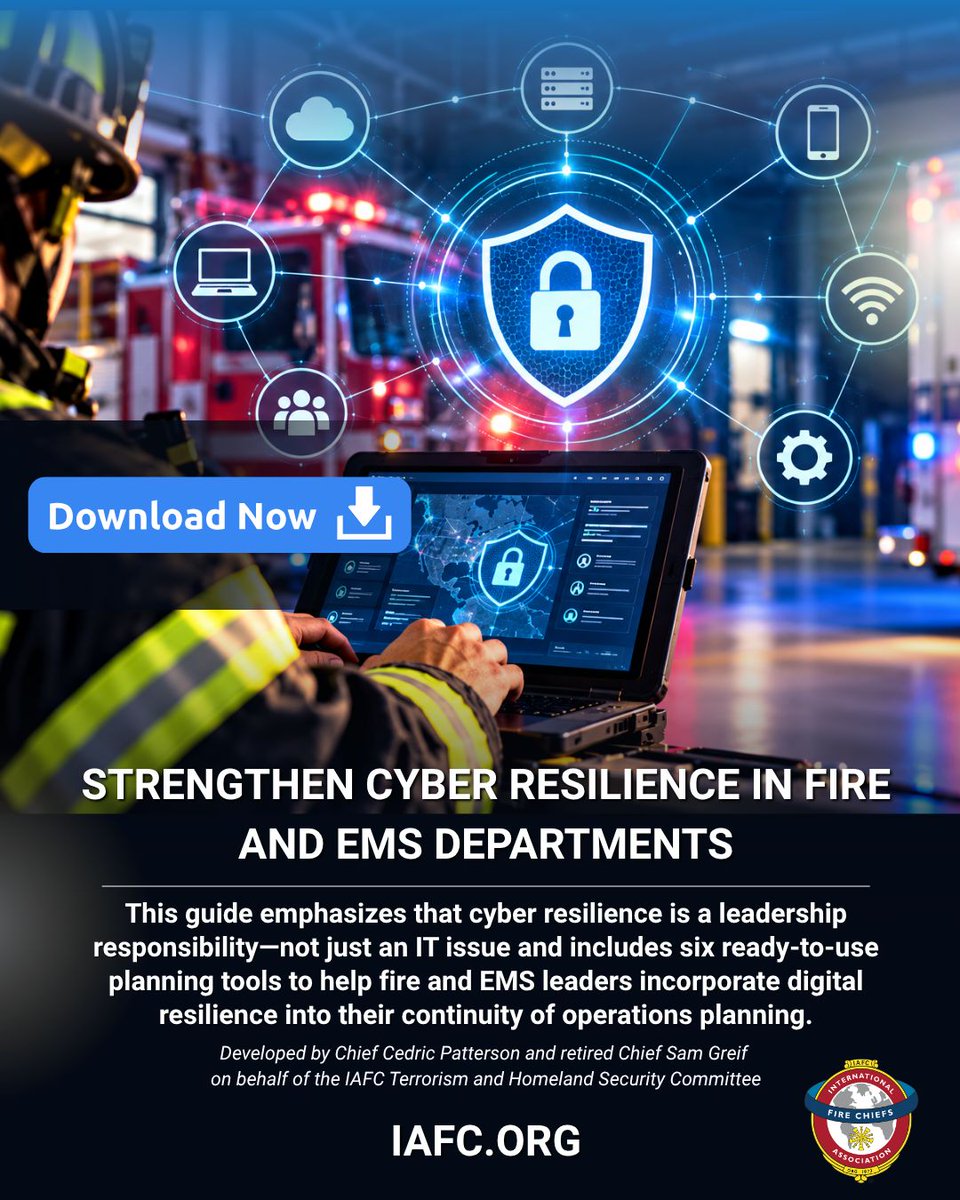 IAFC's tweet photo. 🚒 NEW! The IAFC’s Cyber Resilience Guide helps fire &amp; EMS leaders prepare for technology disruptions and maintain critical operations. 🔗 https://t.co/EaL4qTky3y

💻 Explore more fire &amp; EMS tech at #TSI2026, Dec. 7–9 in Denver! 👉 https://t.co/XRN1c0qYUU https://t.co/OIPRHyKpHS