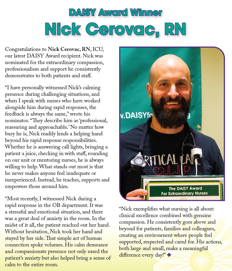 SilverCrossHosp's tweet photo. 🌼Congratulations to Nick Cerovac, RN, ICU, our latest DAISY Award recipient. Thank you for going above and beyond for your patients every day! 👏🏻💜 https://t.co/wYRKZJJ5zt https://t.co/Y0Imv5Y1OQ #SilverCrossHospital https://t.co/REkCDRQVUR #DAISYAward https://t.co/ZiR5ZwgwZA https://t.co/VRb4YI3PW9