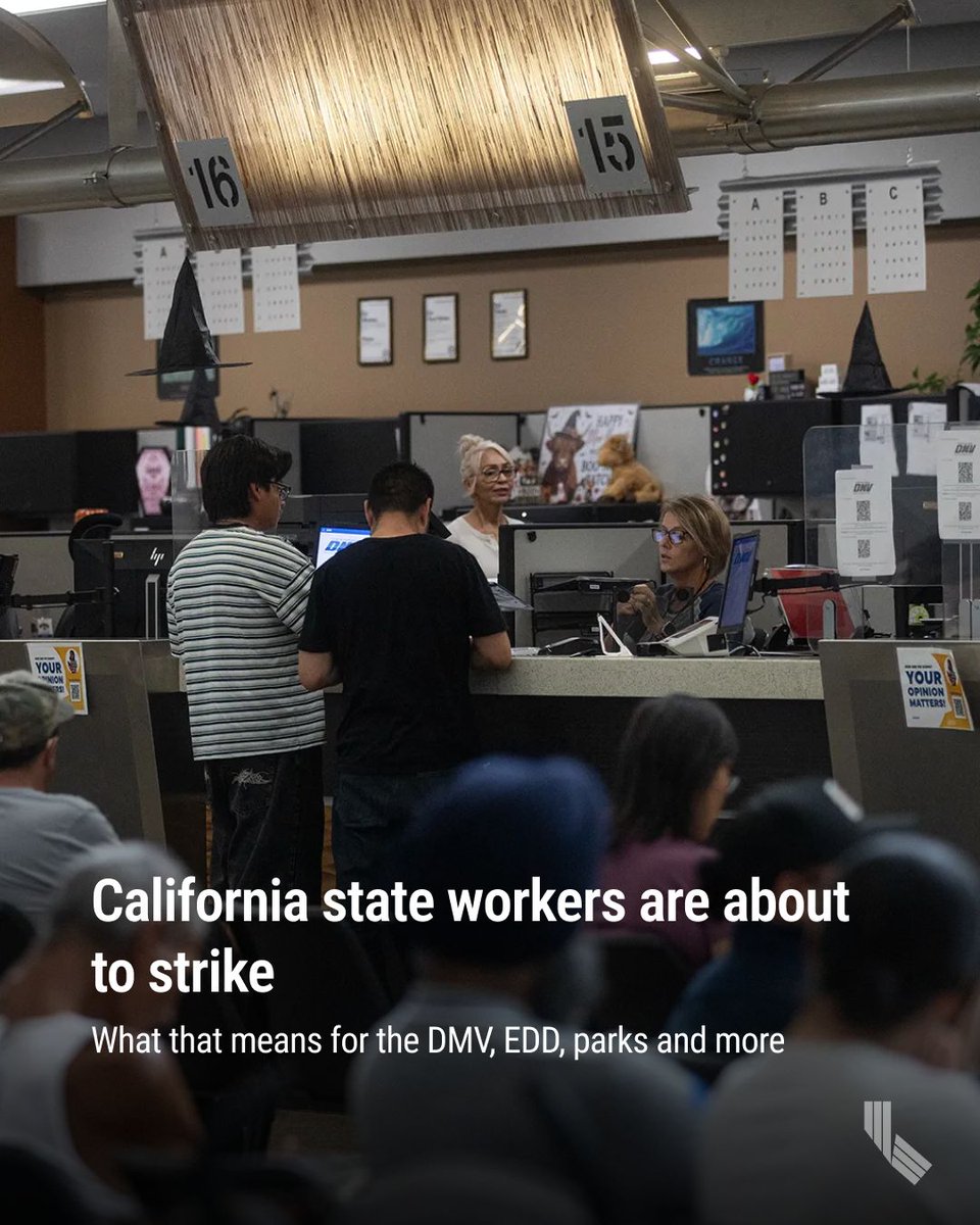 CalMatters's tweet photo. California state government's largest union is scheduled to strike this week. It could affect services at a number of offices that people visit every day, including the DMV. https://t.co/vprrnslBXA https://t.co/SQw7LAjNaj
