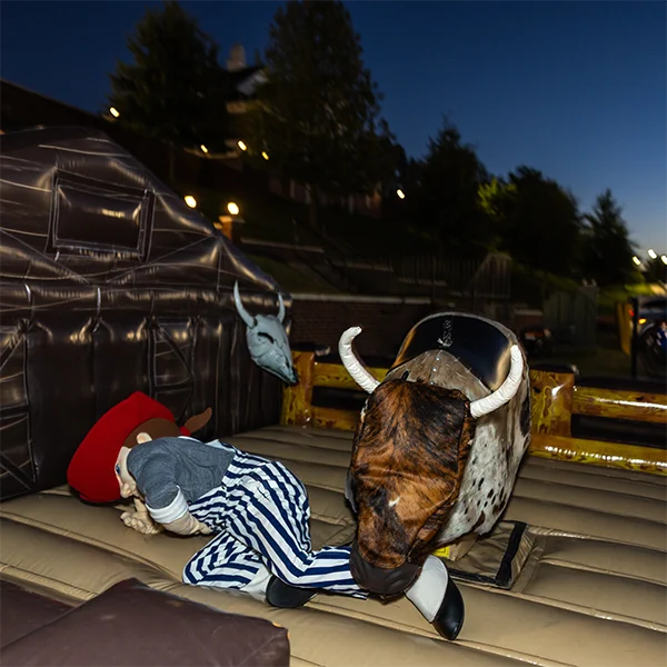 University of the Cumberlands Patriot Pete falls off the mechanical bull at Hoco Hoedown.