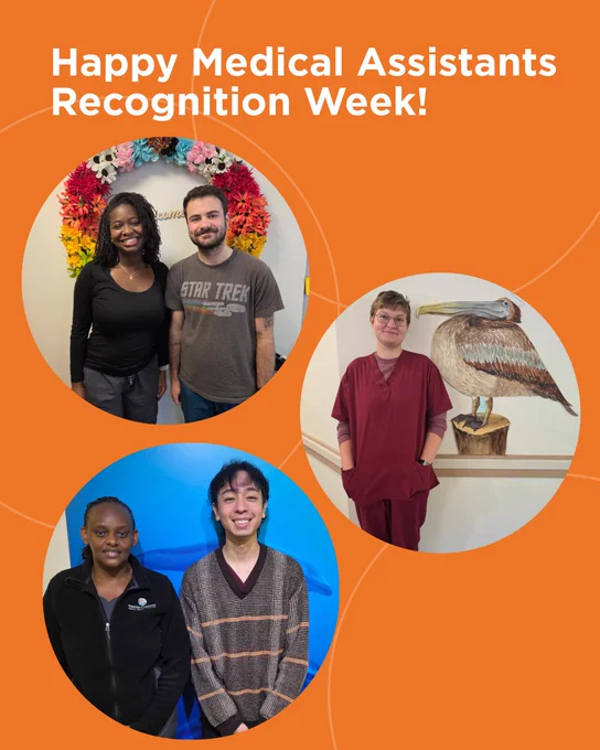 Four people are shown in separate circular frames against an orange background. The top left frame has two people standing in front of a colorful floral decoration. The top right frame shows one person in medical scrubs beside a bird sculpture. The bottom left frame features two people standing in front of a blue background. The background text reads, "Happy Medical Assistants Recognition Week!