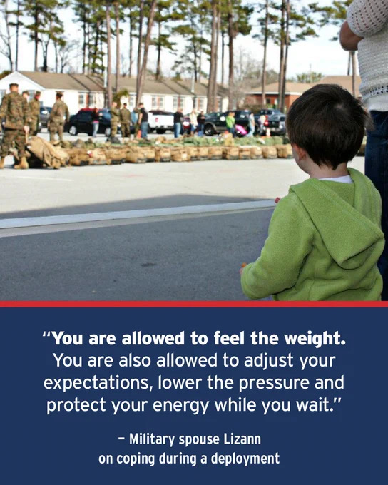 A young child watches uniformed service members and families gathered outdoors near rows of military gear. Quote from military spouse Lizann on coping during a deployment, reads, “You are allowed to feel the weight. You are also allowed to adjust your expectations, lower the pressure and protect your energy while you wait.”