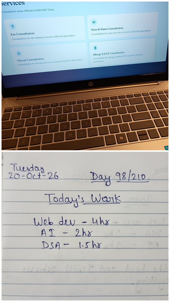rayan_ship_it's tweet photo. Day 98/210

Web Dev - 4hrs
AI - 2hrs
DSA - 1.5hrs

Productivity: 7.5hrs

Building a real clinic website today.
98 days. No zeros. 2 days to Day 100.

#Day98 #210DayChallenge #BuildInPublic #WebDevelopment https://t.co/mzABwZU3ZA