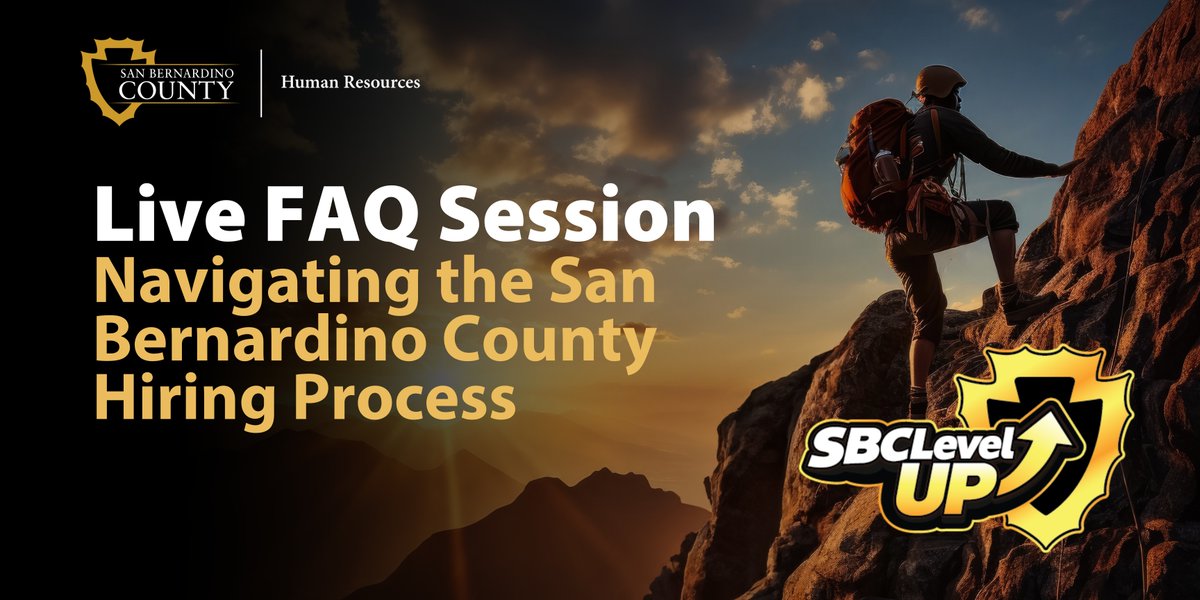 SBCounty's tweet photo. Thinking about applying for a job with San Bernardino County? Attend the next SBC LevelUP Live FAQ Session on Thursday, Oct. 22, from noon to 1 p.m. for a helpful overview of the county hiring process and what to expect when pursuing county career opportunities. 🤝 

During this free virtual session, San Bernardino County Human Resources staff will share guidance on searching for county jobs, using https://t.co/UVMfJ3qJAA, preparing a strong application and understanding the steps that may follow after applying.

For more information, please visit https://t.co/fRLpQUNASs.

#countyjobs #hiringprocess #jobsearch #jobapplication #careeropportunities