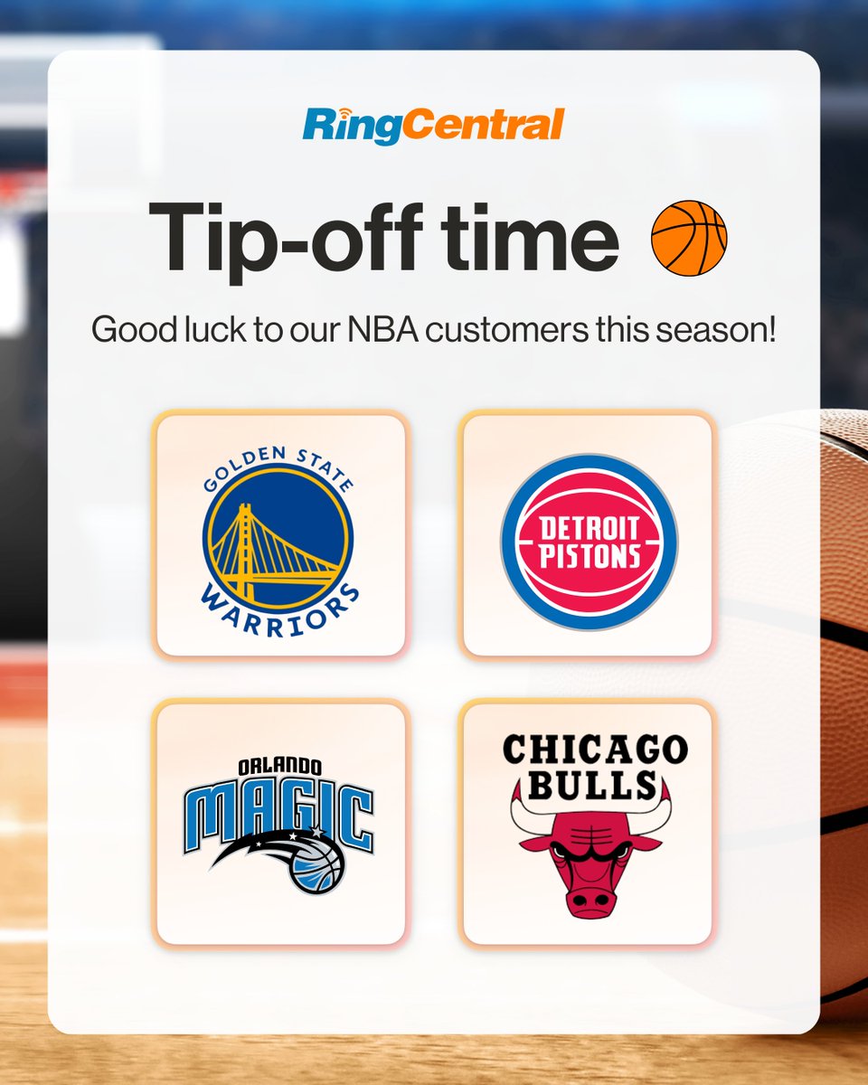 RingCentral's tweet photo. @NBA Basketball is BACK, and we’ve got four teams to cheer for this season! 🏀

Wishing the best of luck to our customers @warriors, @chicagobulls, @DetroitPistons, and @OrlandoMagic.

Nothing but net from here! https://t.co/0M4xBRKOtU