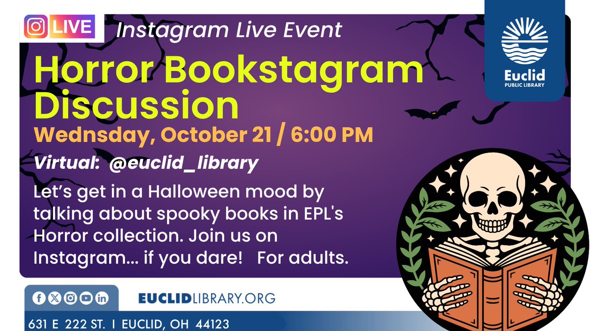 EuclidLibrary's tweet photo. Join us on Instagram on October 21 at 6:00 pm to get in a Halloween mood. We'll talk about spooky books available at EPL! Drop in for this fun live event. Just go to Instagram page at: @euclid_library
#OurEuclid #horrorbooks #instagramlive https://t.co/ZOkt5A9H6V