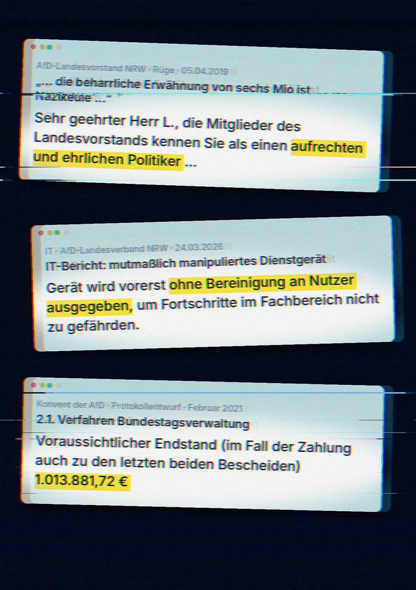 IntCyberDigest's tweet photo. ‼️ ICD screened 49k internal AfD documents. 

Top 3:

1. A member called mentioning the Holocaust's "six million" a "Nazi cudgel". His reprimand praised him as "upright and honest"
2. A laptop with signs of tampering went back uncleaned
3. Up to €1M in illegal-donation fines
🧵 https://t.co/1ypHxzfejs