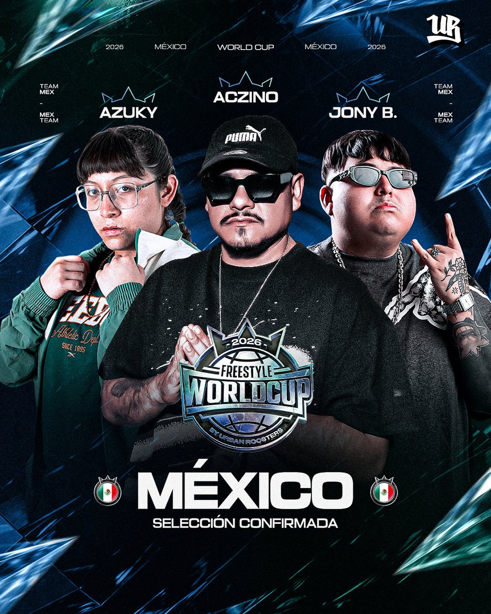 FWC_oficial's tweet photo. 𝗠É𝗫𝗜𝗖𝗢 𝗘𝗦𝗧Á 𝗟𝗜𝗦𝗧𝗢 🇲🇽✅

Aczino, Azuky y Jony Beltrán, son los encargados de representar a la Selección Mexicana en la Freestyle World Cup 🌎🏆

Su camino comienza en el Grupo C 🚀 https://t.co/USAXRIdq4N
