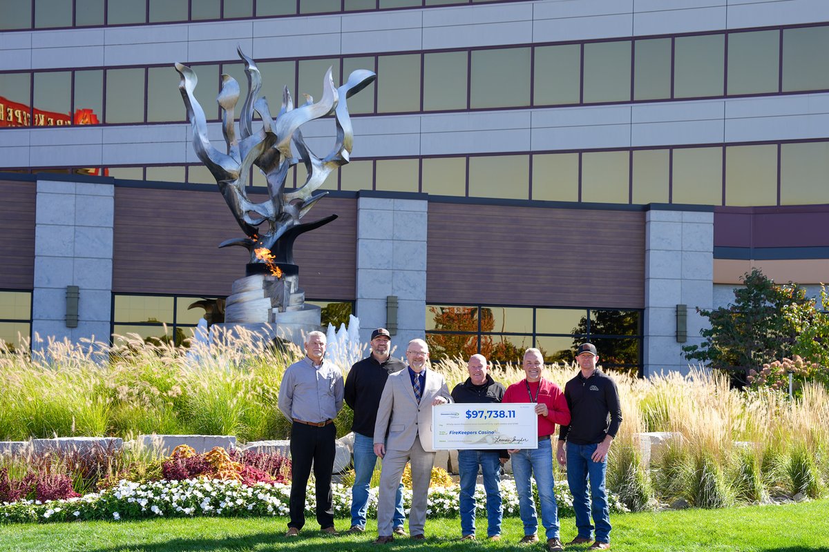 FireKeepers's tweet photo. Our commitment to energy efficiency goes beyond the equipment we install.

FireKeepers recently received a $97,738.11 rebate from Consumers Energy for investments in high-efficiency equipment to help reduce electricity use throughout the property. We're also partnering with Consumers Energy on a three-year renewable energy project involving solar and wind power, designed to offset FireKeepers' electricity use.

Thank you to Consumers Energy and Andy J. Egan Co. for helping move these efforts forward!

📸 From left: Chris Pieri, Consumers Energy Solutions Manager, Brian Ettwein, Andy J. Egan Co.; Ray Vorraber, VP of Facilities at FireKeepers Casino Hotel; Dave Jaworowski, Andy J. Egan Co.; Tom Neely, Andy J. Egan Co.; and Andy Keller, Andy J. Egan Co.