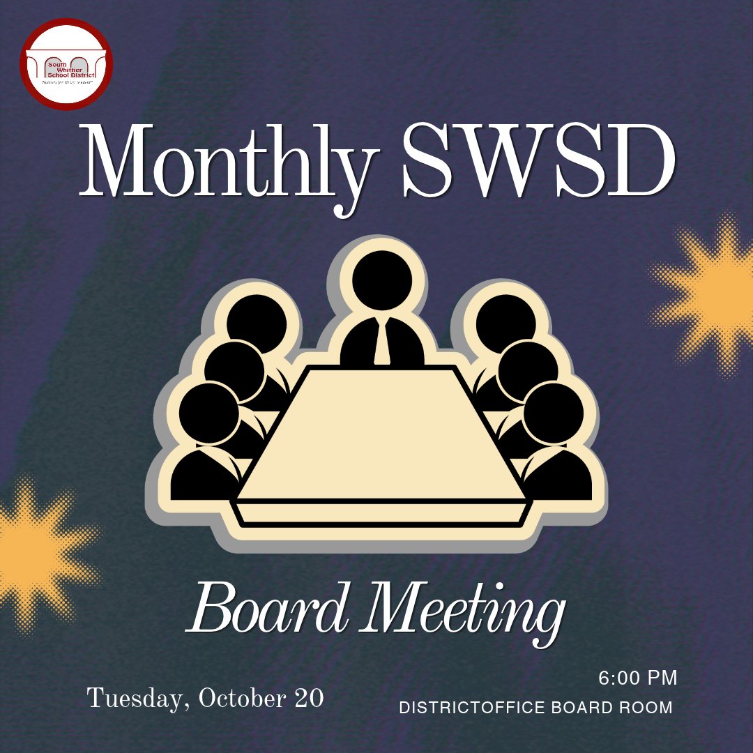 SouthWhittierSD's tweet photo. 📢 Join us today for the SWSD’s monthly Board Meeting! The meeting will take place in person in the District Board Room at 6 p.m.

💻 Want to attend virtually? Visit the district website for the Google Meet link, agenda, and additional details. #swsd #successforeverystudent https://t.co/AtsCKnbG34