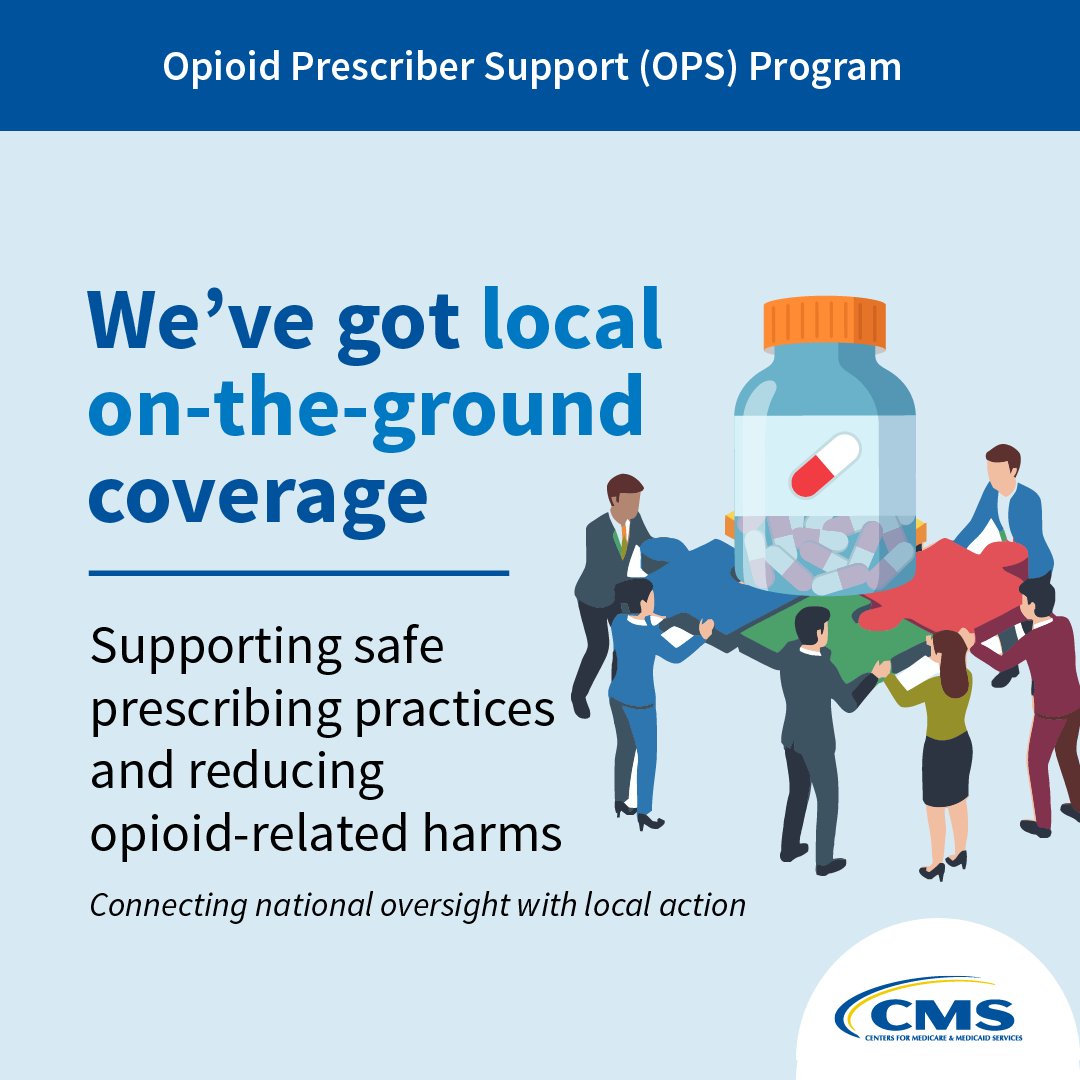 CMSGov's tweet photo. CMS's Opioid Prescriber Support (OPS) Program is tackling the opioid crisis head-on connecting national oversight with local action. 

Partners: @CDCgov | @AHRQGov | @samhsagov | @HRSAgov | @NIH | @DeptVetAffairs | @HHSGov | State & Local Health Depts 

More information: https://t.co/RBZtua87f5