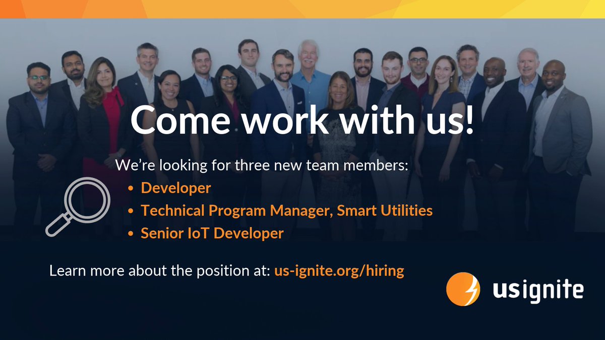 US_Ignite's tweet photo. Are you interested in using tech to solve real-world challenges? US Ignite is looking for talented folks to join our team! We are currently hiring for 3 positions:
*Developer
*Technical Program Manager, Smart Utilities
*Senior IoT Developer
Learn more at: https://t.co/QgCQjymECY https://t.co/Tw7Sc0sU8A