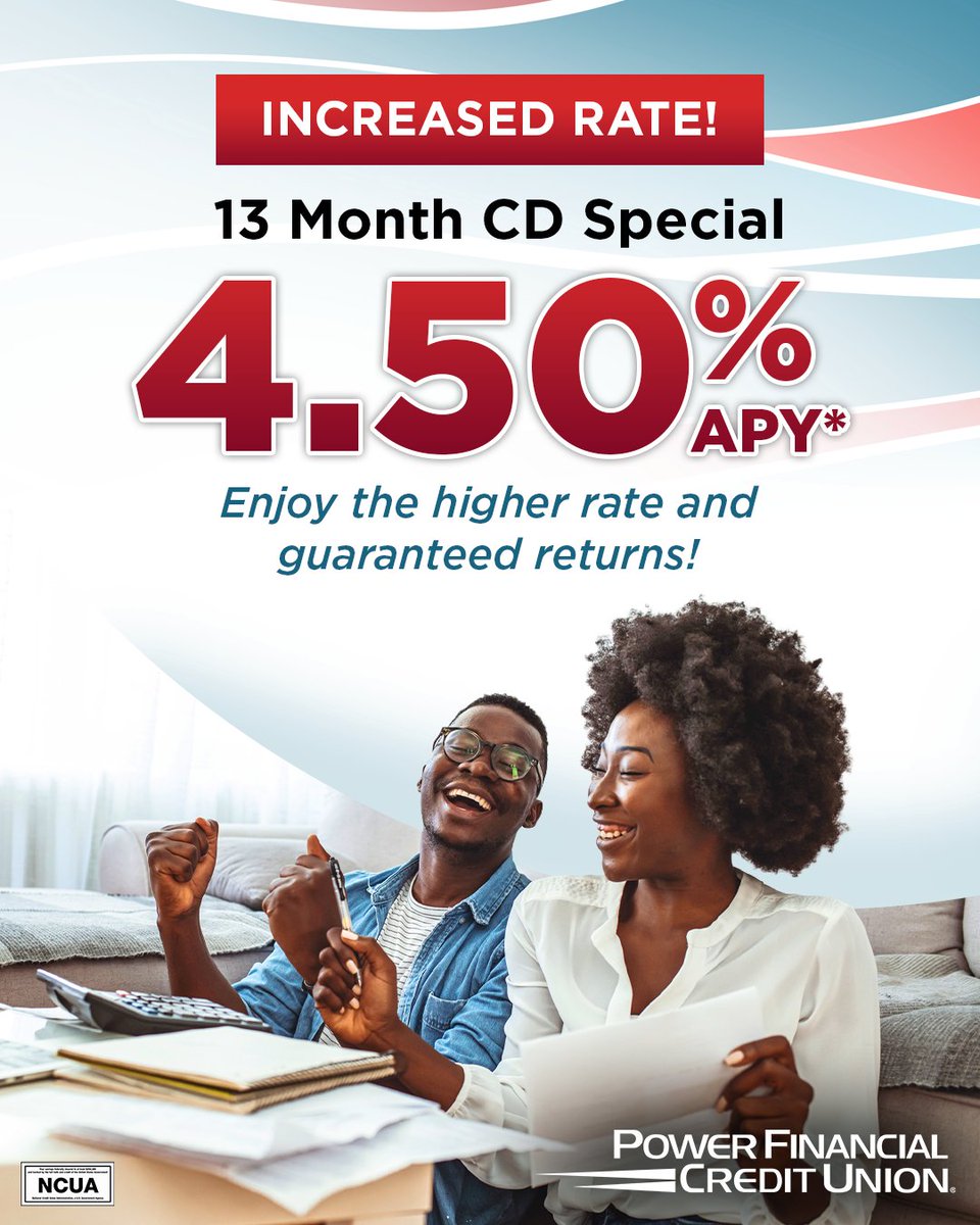PowerFiCU's tweet photo. Your savings just got a boost! 🚀💰
We've increased the rate on our 13-Month CD to 4.50% APY*, giving your money even more earning potential! Whether you're saving for a big goal or planning ahead, now's a great time to make your savings work harder. https://t.co/fPsylurNMs https://t.co/LDU3QLeeZV