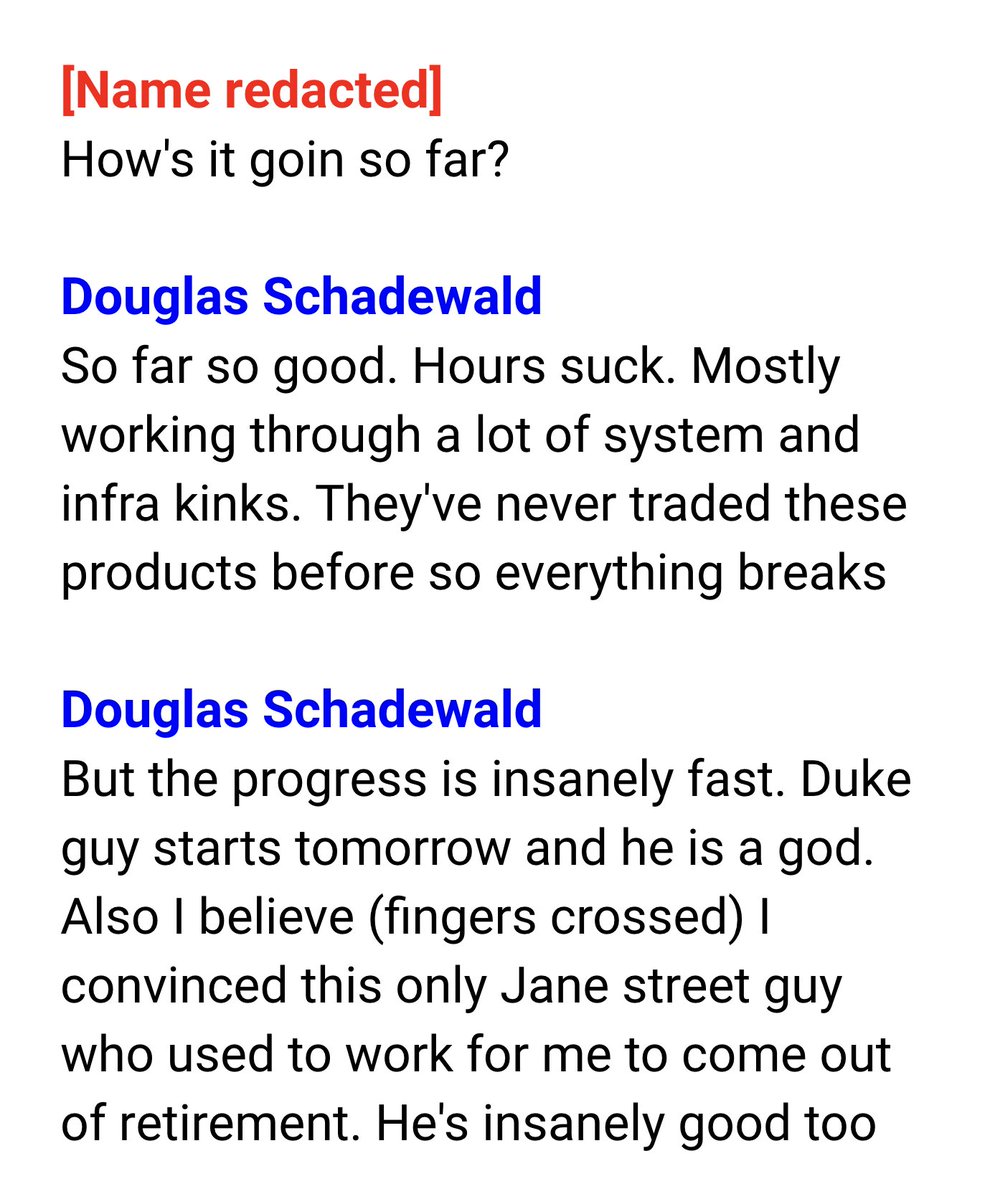 QuantEmails's tweet photo. Doug Schadewald (JS/Millennium) texts a group chat about launching his desk

February 27, 2024 https://t.co/OcHc4GHShH