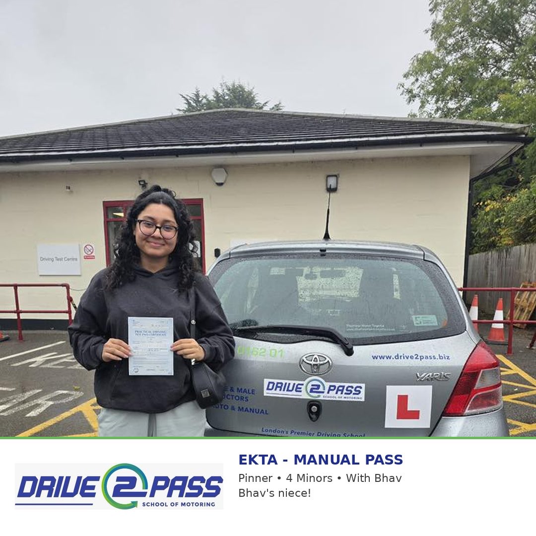Drive2PassSOM's tweet photo. Proud family moment at Pinner today. Ekta PASSED MANUAL this afternoon with Bhav. 2nd attempt, just 4 minors. Bhav's niece now on the road. Well done Ekta! #Drive2Pass #ManualPass https://t.co/tnt9qA22WH