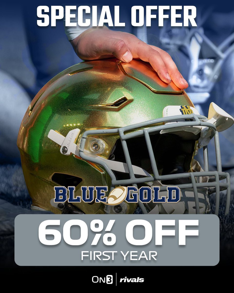 MikeTSinger's tweet photo. 🚨Blue &amp; Gold sale🚨

Get 60% OFF your first year of the best Notre Dame football and recruiting coverage on the internet 🫡☘️

Learn more: https://t.co/RIUJM1DVXq https://t.co/u6mqVg2K8Q