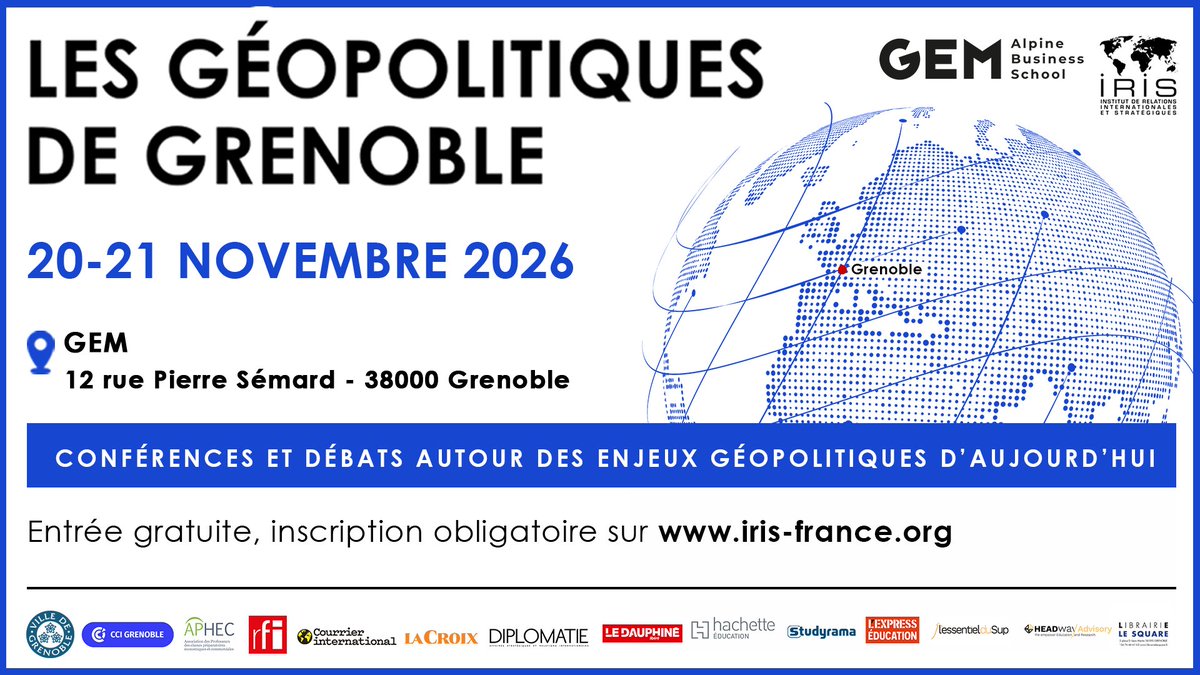 InstitutIRIS's tweet photo. 🌍🎉 RDV les 20 et 21 novembre pour la 2e édition des Géopolitiques de Grenoble !

📍@Grenoble_EM – Campus des Alpes, 12 rue Pierre Sémard, 38000 Grenoble

🎫 Inscription gratuite et obligatoire
📄 Programme détaillé https://t.co/iQ0LgX8Ev7 https://t.co/aIi7ZQh85x