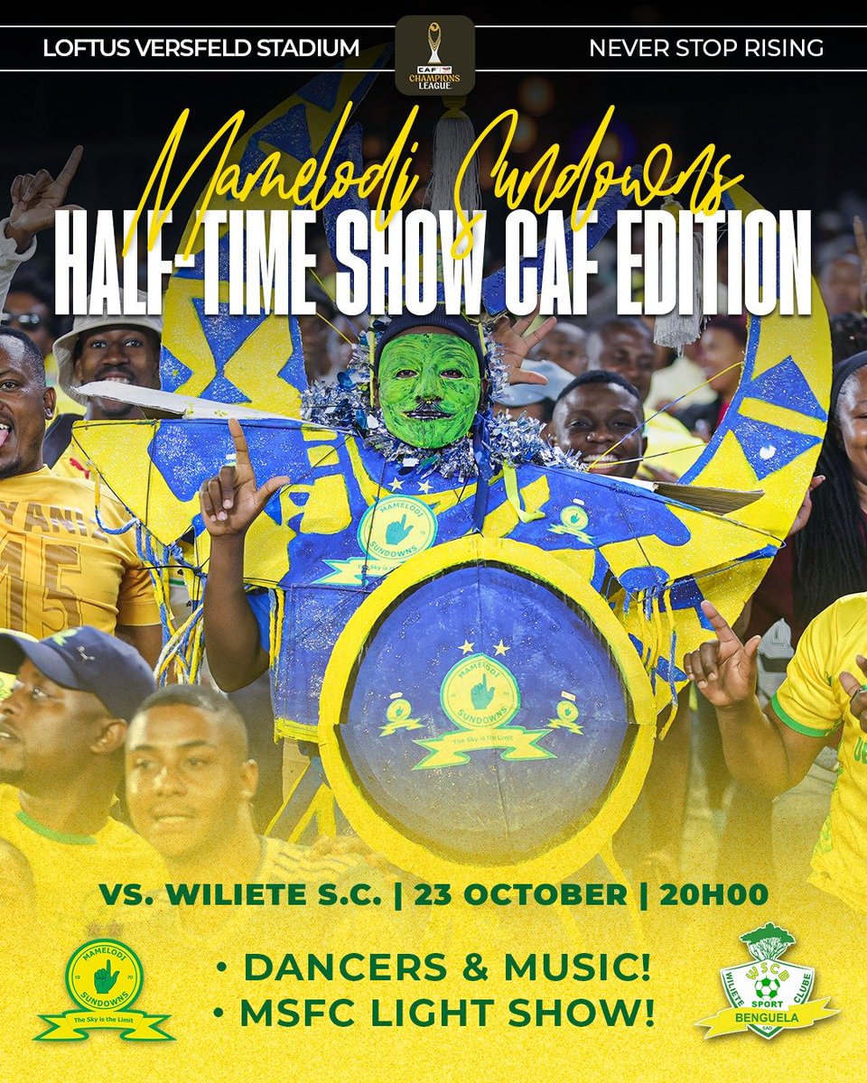 Masandawana's tweet photo. 𝙒𝙀’𝙍𝙀 𝘼𝙇𝙇 𝙄𝙉👆 

Yellow Nation, get ready for a special edition of our halftime show! Bring the energy and back Bafana Ba Style 🔥

🎟️Get your ticket now: https://t.co/SPwZz62eA2

#Sundowns #TotalEnergiesCAFCL #NeverStopRising https://t.co/jb2SdMmjEu
