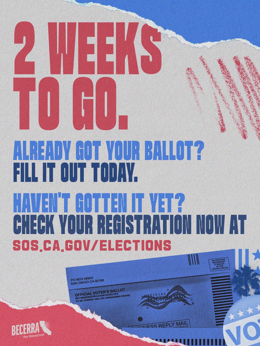 XavierBecerra's tweet photo. 2 weeks left. Already got your ballot? Vote today. Still waiting? Make sure you're registered — it takes a minute, and it matters.

Check your status at https://t.co/wHLc3QgkuB. https://t.co/CTIEUJh7fA