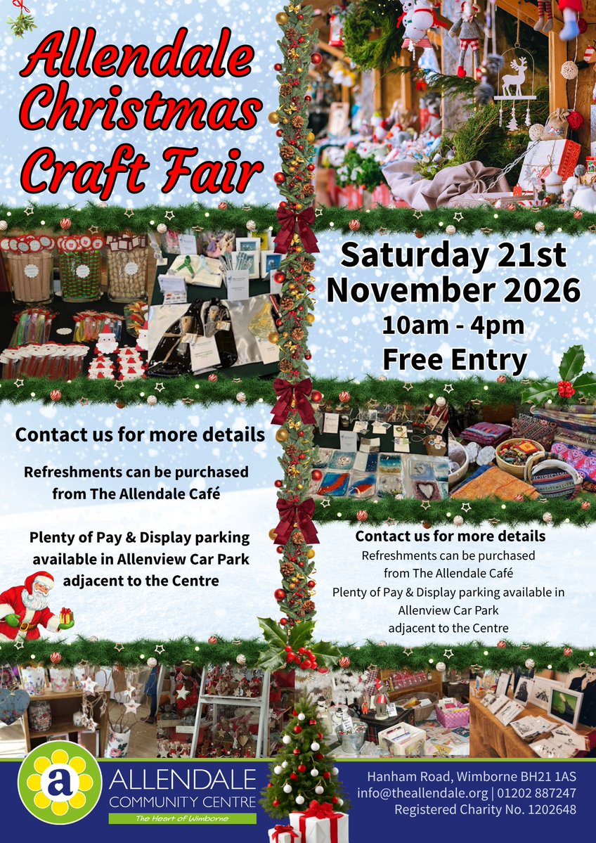 CentreAllendale's tweet photo. Allendale Christmas Craft Fair
Saturday 21st November, 10am - 4pm
https://t.co/VbqNvHLkQG
Free entry for customers.
#crafts #craftfair #events #stalls #festive #christmas #seasonal #winter #handmade #artisan #allendale #wimborne #dorset https://t.co/2DsygQCKNI