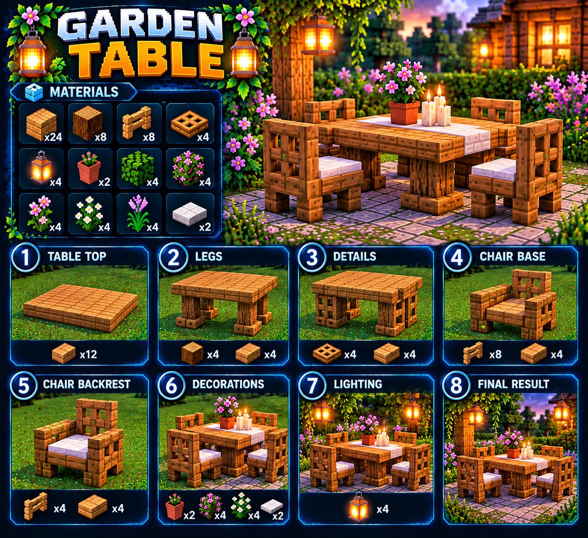 EpicCraftingg's tweet photo. Build a cozy garden table in Minecraft! 🪵🌸 #Minecraft #MinecraftBuilds #EpicCrafting https://t.co/cl7MxowY2O