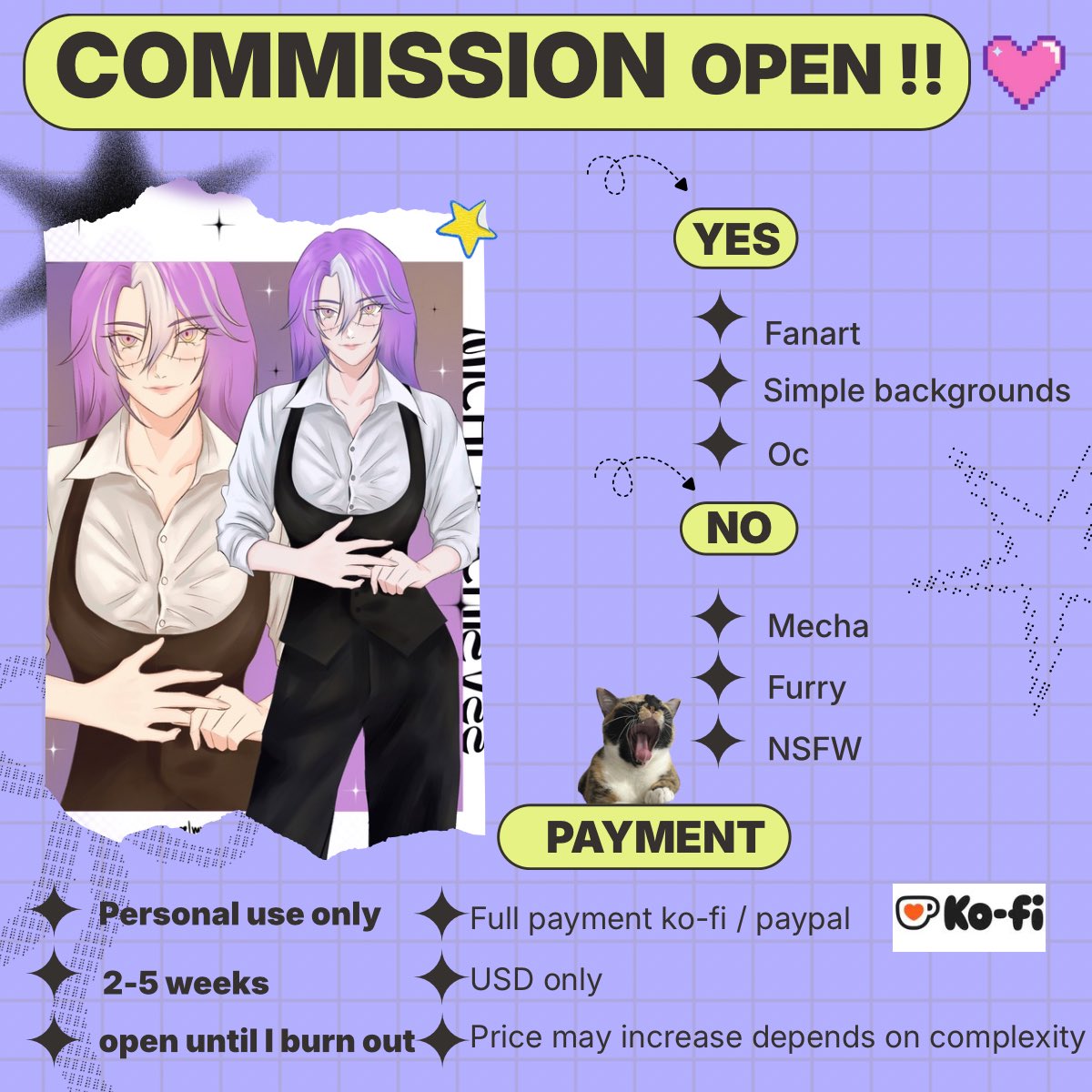 vwithbluu's tweet photo. COMMISSIONS OPEN!! ✨

I’m taking commissions indefinitely, so feel free to DM me if you’re interested! You can also reach me on Ko-fi or Discord🫶🏻

[RTs appreciated! 💜] https://t.co/xhyO0YdFoH
