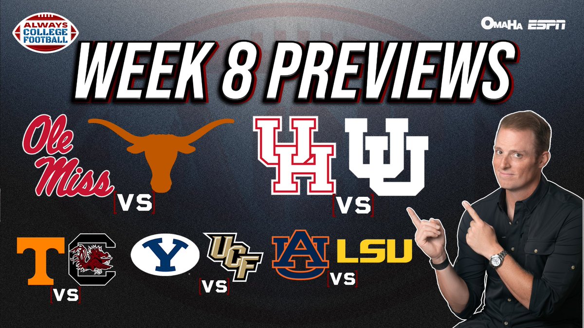 AlwaysCFB's tweet photo. Today on Always College Football:

🔘WEEK 8 PREVIEWS 
➖OLE MISS AT TEXAS 💥
➖HOUSTON AT UTAH 👀
➖AUBURN AT LSU 🐅

WATCH ⬇️
🔗: https://t.co/4jBZsPWLqb https://t.co/gIafn3ciml