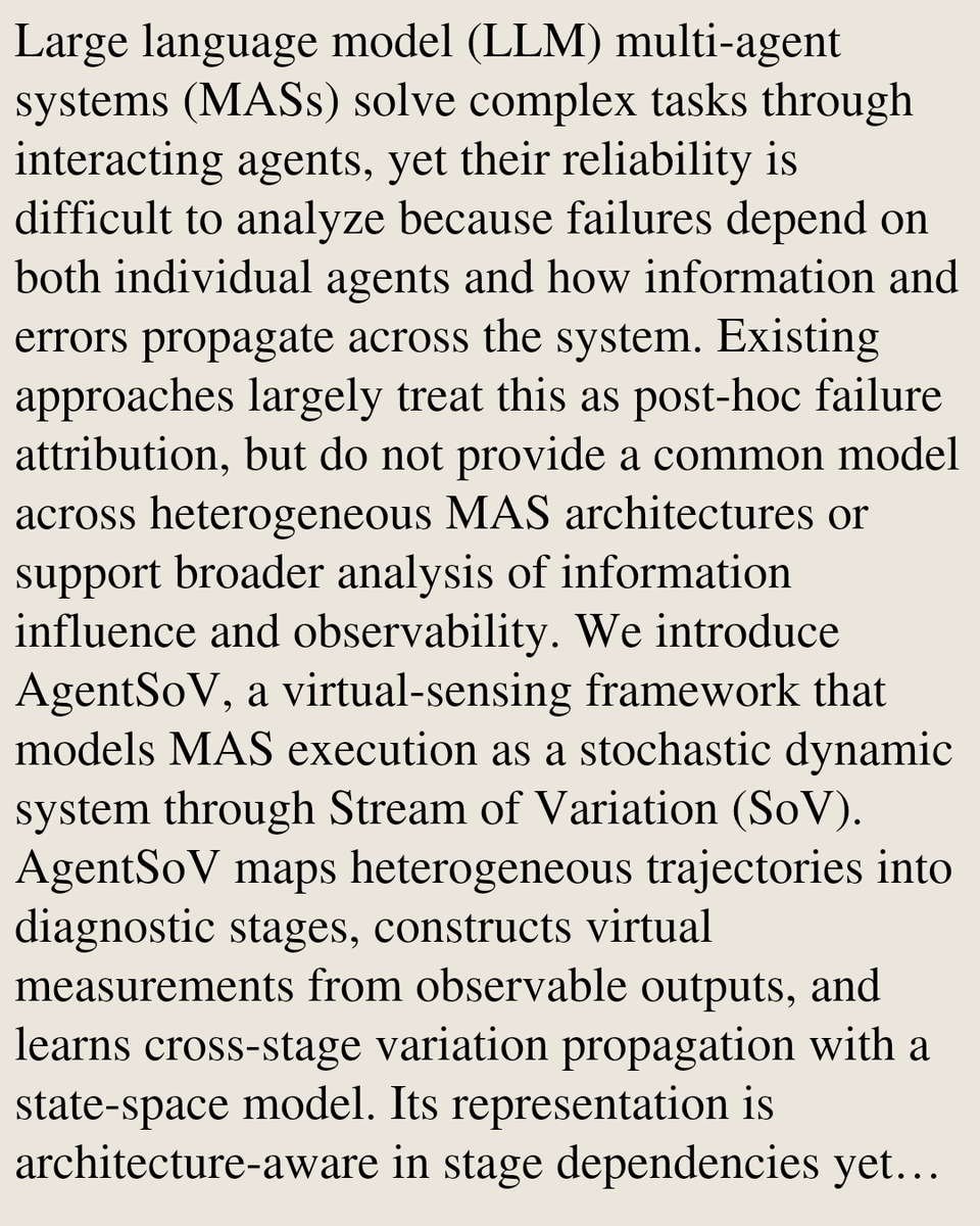 PIN's tweet photo. AgentSoV: Virtual Sensing for LLM Multi-Agent Systems via Stream of Variation

Congjing Zhang, Siyuan Xu, Yunfei Bai, Ke Ren, Xiaoning Qian, Shuai Huang
https://t.co/sPvD6HTohm [𝚌𝚜.𝙼𝙰 𝚎𝚎𝚜𝚜.𝚂𝚈] https://t.co/587TXb9WkS