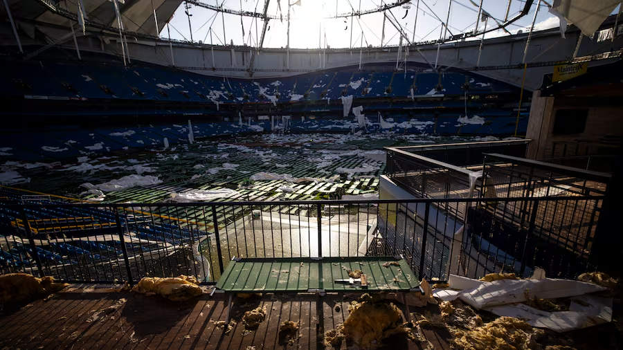 repTILLYan's tweet photo. People can't really know what #RaysUp fans are feeling today. The franchise went from total destruction and no future, to new owners, a repaired Trop, a new (TAMPA) stadium coming in 2029, HUGE trade deadline, and AL East title and a pennant...all from these ashes:
 #ForTampaBay https://t.co/d3xjuIMSdP