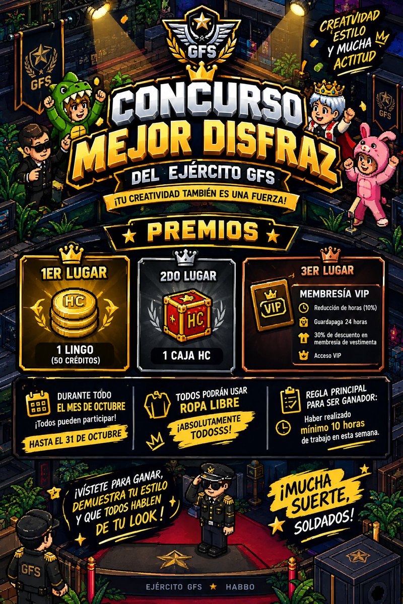GenF_hb's tweet photo. 🎭 ¡CONCURSO DE DISFRACES EN GFS! 🏆

🎁 SORTEO EXTRA: 1 CAJAS HC 
Para participar solo tienes que: 
1️⃣ Dar RT/Repost a esta publicación 
2️⃣ Seguir a nuestra cuenta 

Hasta el: 26/10/2026
¡Pásate por nuestra base, únete a las filas! 🫡
#Habbo #HabboES #GFS https://t.co/W9HzAmgPI6