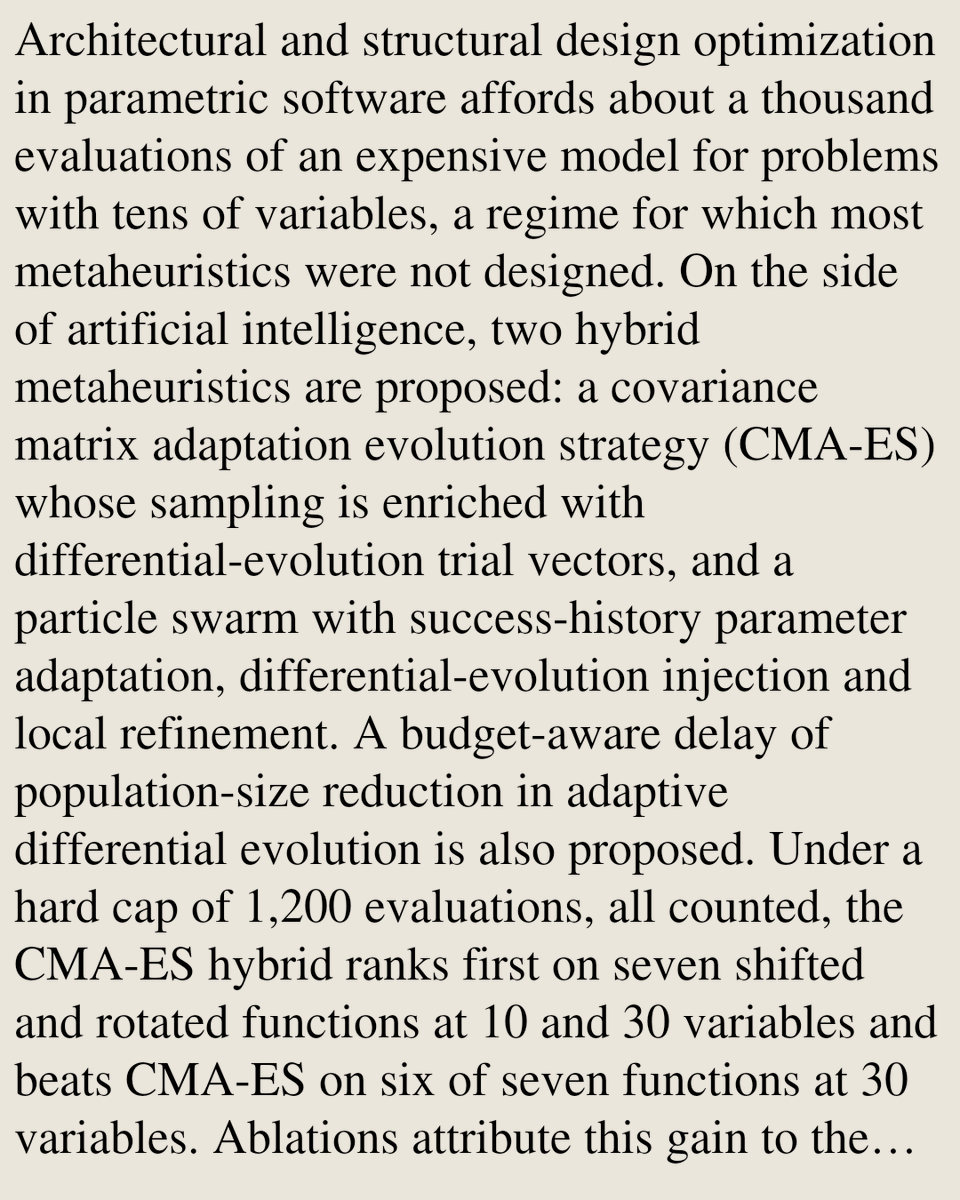 TAL's tweet photo. Hybrid metaheuristics for architectural design optimization under small evaluation and wall-clock budgets

Luciano Ambrosini
https://t.co/PwqESpQHIX [𝚌𝚜.𝙽𝙴 𝚌𝚜.𝙲𝙴 𝚖𝚊𝚝𝚑.𝙾𝙲] https://t.co/lfU5rGfEMM
