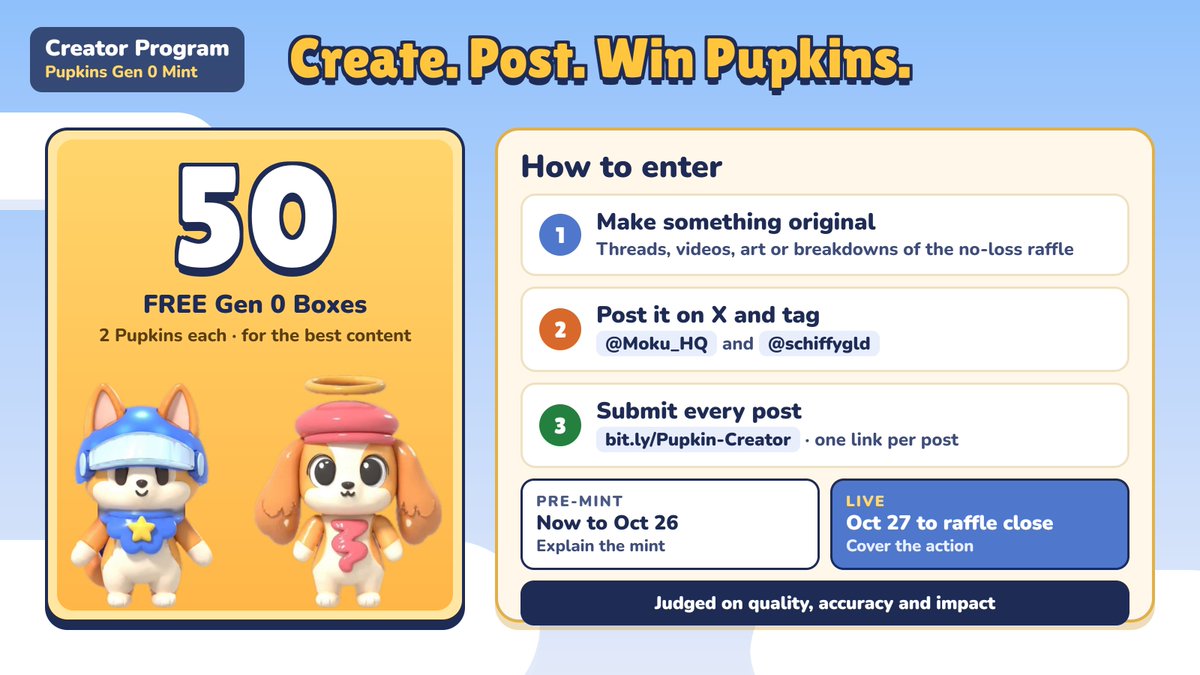 Moku_HQ's tweet photo. Content Creators - this one is for you😘

We are dedicating up to 50 Gen 0 Boxes (2 Pupkins per box) to the best content covering the No-loss Raffle.

Create original and educational content to spread the word and get a chance at a box!

For full details: https://t.co/ZxgebzxQd6 https://t.co/8p9x7xclIj