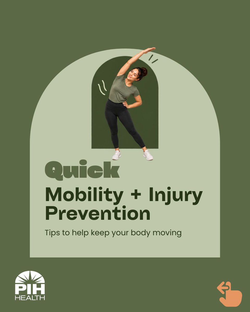 PIHHealth's tweet photo. This Physical Therapy Month, take a few minutes to give your body some extra attention. Simple mobility exercises and healthy movement habits can help you stay strong, flexible, and ready for the activities you enjoy.

Try a few of these quick moves:
• Shoulder rolls
• Neck circles
• Hip openers
• Ankle circles
• Bodyweight squats

And remember: Warm up before exercise, increase activity gradually, focus on proper form, and give your body time to recover.

If pain is persistent, worsening, or affecting your ability to move, talk with a healthcare professional about whether physical therapy may be right for you.