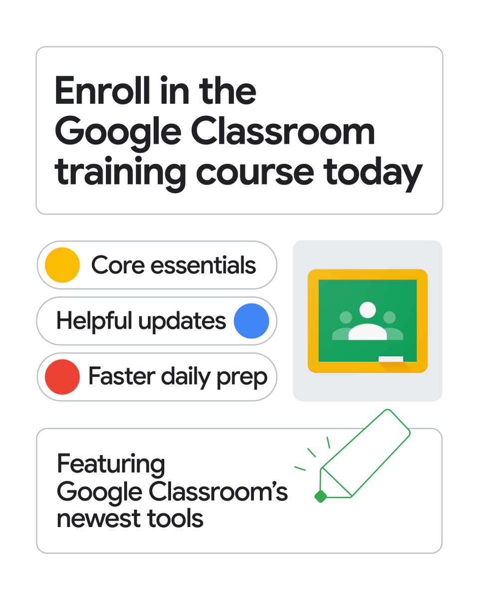 GoogleForEdu's tweet photo. Setting up your first class or due for a skill refresh? The updated #GoogleClassroom training course has you covered! 

Learn the core essentials or explore newer tools like Gemini support for educators and interactive YouTube questions ➡️ https://t.co/qDTgF4VDB6 https://t.co/J5NYpBeGBU