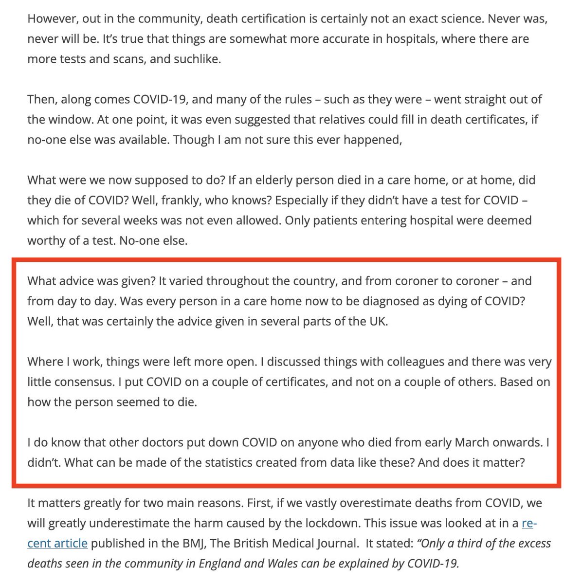 MenteNomade58's tweet photo. @ABridgen I remember reading this blog post by Dr Malcolm Kendrick in the early months. He stated that many of his colleagues put "Covid" on all the death certificates in care homes! 

https://t.co/NGaIFJKhPM https://t.co/uE63SAWZFS