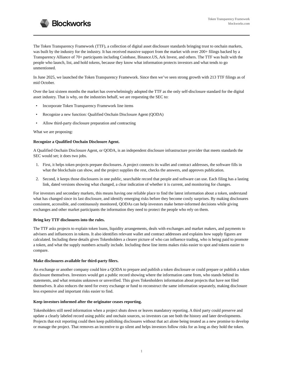 JasonYanowitz's tweet photo. We just sent the SEC our comment letter on Regulation Crypto Assets.

Our goal is to give every token one current, public record to make onchain compliance cheaper and faster. 

Our asks: 

1) Let projects file disclosures through Qualified Onchain Disclosure Agents  

2) Let third parties file on behalf of projects 

It's time we protect investors so we can protect this industry.

https://t.co/VNIuskoN7T