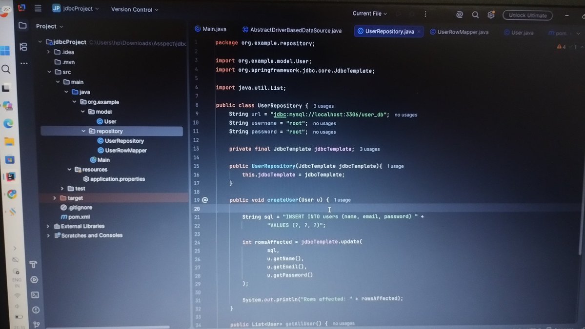 SwainShubh's tweet photo. 🚀 Day 127 of Learning Java

✅ Implemented Spring JDBC 
✅ Understood RowMapper and how it maps database rows to Java objects 
✅ Explored how Spring JDBC simplifies database operations

#Java #SpringBoot #SpringJDBC #BackendDevelopment https://t.co/0yEVRiwfVn
