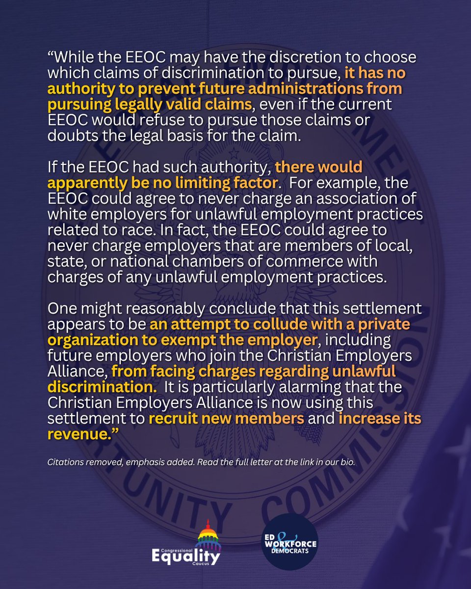 EqualityCaucus's tweet photo. CEC Chair @RepMarkTakano &amp; @EdWorkforceDems RM @BobbyScott are conducting oversight of the EEOC's recent settlement that immunizes some businesses from all future investigations into certain illegal gender identity-based discrimination.

Read more here: https://t.co/yV6Y6s1x07