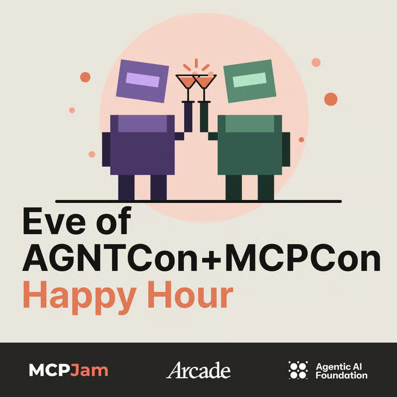 TryArcade's tweet photo. If you’re in San Jose for AGNTCon + MCPCon, join https://t.co/dBXpdhwR8b and @mcpjams the night before, Oct. 21 from 4 to 7 PM, for lightning demos, drinks, and people building with agents and MCP. 21+, no badge needed. Request a spot: https://t.co/mmlzwhhajI https://t.co/tRU4fSYMFn