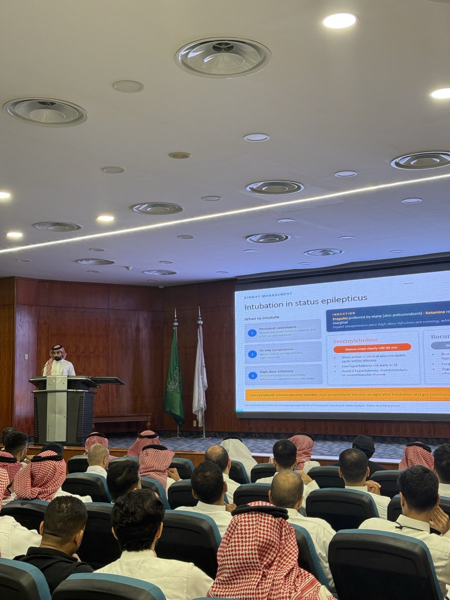 EMJointActivity's tweet photo. Time to the first benzodiazepine matters more than which drug or which route. Don’t wait for an IV line: IM midazolam is a reasonable first step. Dr. Mohammed AlQahtani @Dr_M0hammed at today’s 3rd Sector Joint Academic Activity. #OnePulse#EmergencyMedicine #SBEM https://t.co/6LMV8djsmm