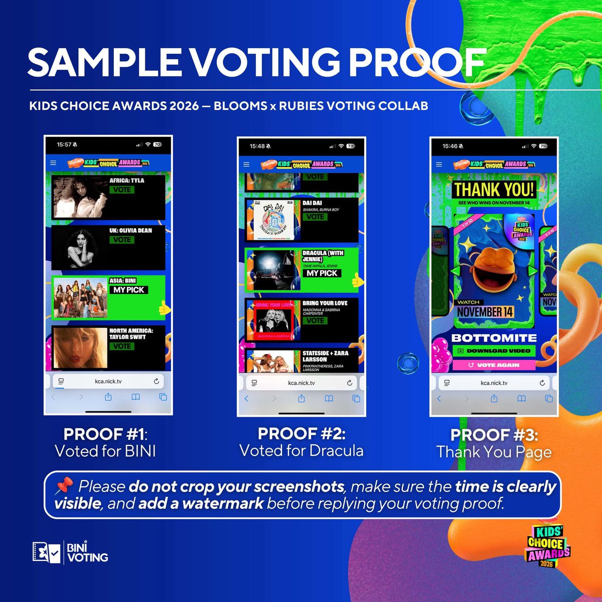 BINIVotingTeam's tweet photo. 📣 [ KIDS’ CHOICE AWARDS 2026 ]

𝐁𝐋𝐎𝐎𝐌𝐒 𝐱 𝐑𝐔𝐁𝐈𝐄𝐒 𝐕𝐎𝐓𝐈𝐍𝐆 𝐂𝐎𝐋𝐋𝐀𝐁 — 𝐃𝐀𝐘 𝟗

Good day, BLOOMs and RUBIES! 💃🏻 Welcome to Day 9 of our voting collaboration with @jnkvotingteam! Let’s continue working together to support BINI for Favorite Global Music Star — Asia and Jennie for Favorite Music Collaboration with “DRACULA (With Jennie)” at the Kids’ Choice Awards 2026.

🎯 Goal: 200 votes per day

Reply to this post with your voting proofs! Please submit all three screenshots: your vote for BINI, your vote for “DRACULA (With Jennie),” and the Thank You page. Make sure all screenshots are uncropped, timestamps are clearly visible, and your watermark is included.

📌 Voting Collab ends on November 13

🗳️ https://t.co/NMMm4CJBOk
🗓️ Voting ends on November 13, 2026

#BLOOMSxRUBIES
#VoteBINI_KCA
#GlobalMusicStarAsia_BINI
#BINI @BINI_ph
