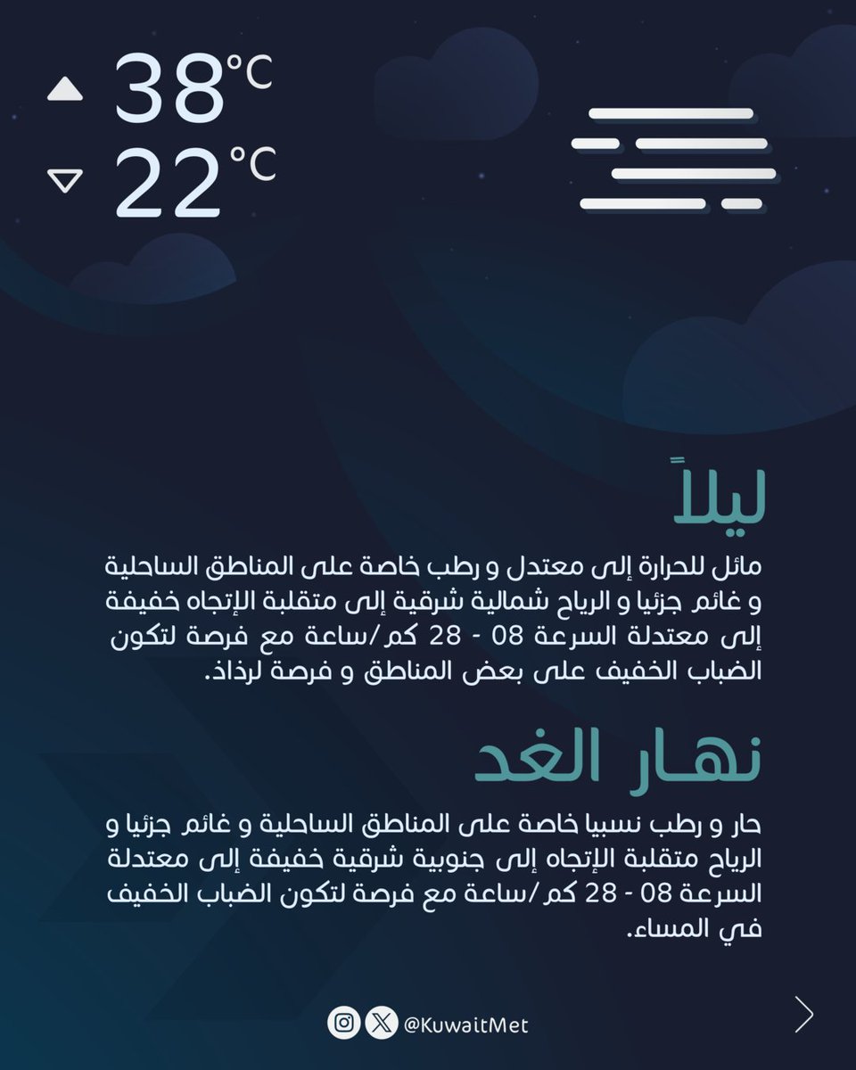 KuwaitMet's tweet photo. أسعد  الله مساءكم...

نشرة الطقس المسائية https://t.co/1yZ6GxQzCu