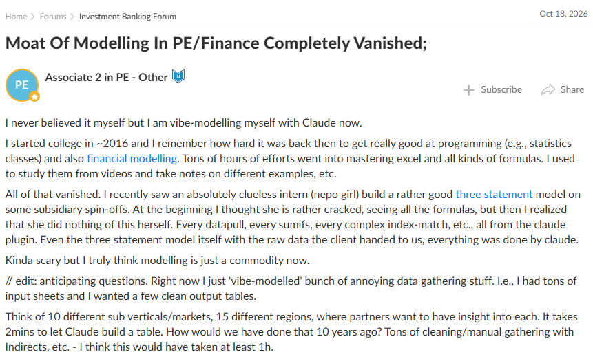 UnstructuredCap's tweet photo. If you think you're modeling skills are what's going to give you a long term career edge, you are wrong:

> Thousands of hours spent developing the skill
> Clueless nepo interns building crazy models
> Tasks that would take 1hr+ are done in 2 mins

You need to find a new edge https://t.co/HVK87tsEg1