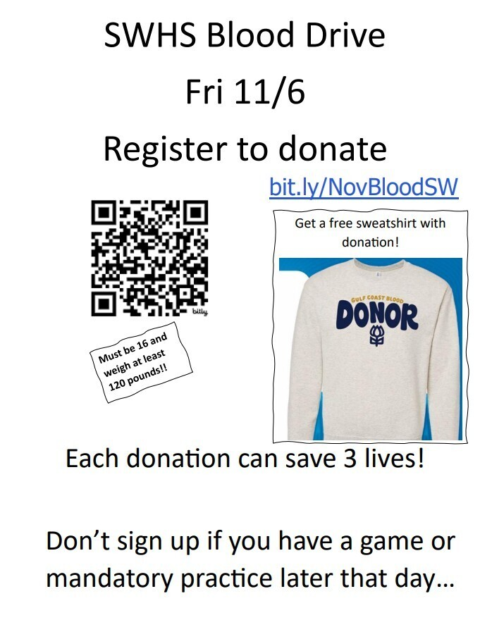 SpringWoodsHigh's tweet photo. The SWHS National Honor Society will be hosting their next blood drive on November 6, 2026. Please donate if you can! https://t.co/LB978mv48m