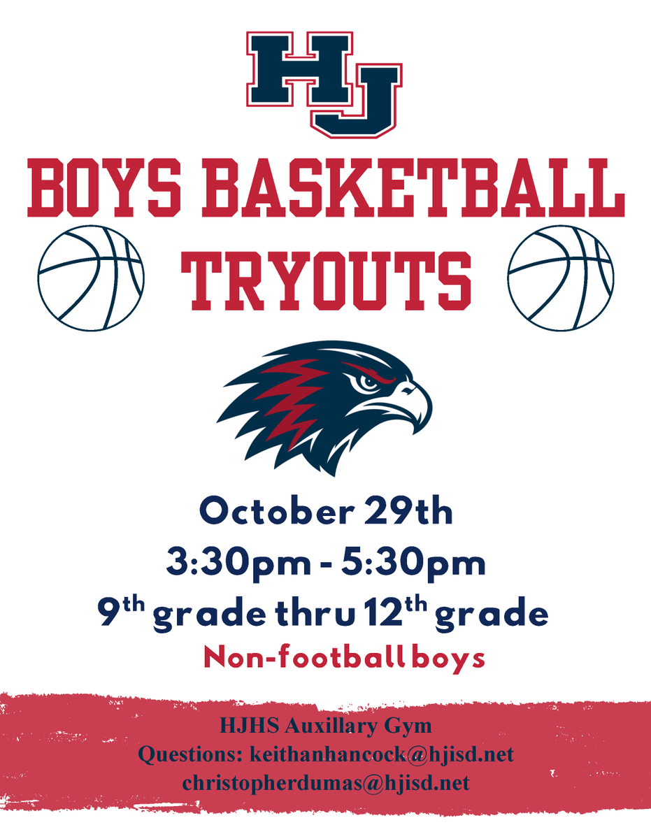 HJISD's tweet photo. Mark your calendars! Hardin-Jefferson High School boys basketball tryouts for non-football players will be held October 29 from 3:30 to 5:30 pm in the HJ Auxiliary Gym.
#WeFlyTogether https://t.co/eMi7r4x5OY