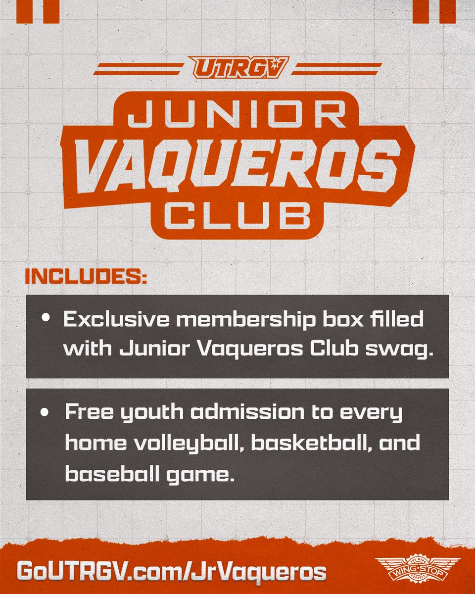 GoUTRGV's tweet photo. Make your little Vaqueros part of the team with the Junior Vaqueros Club! 🏐🏀⚾

✨ A membership box packed with exclusive Junior Vaqueros swag 🎟️ FREE youth admission to EVERY home volleyball, basketball, and baseball game!

Sign them up today! 👉 https://t.co/Ld9TLchPRO

#UTRGV #RallyTheValley